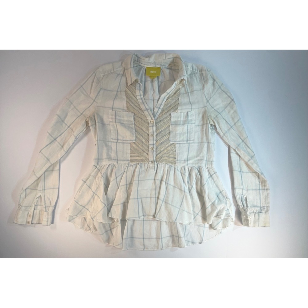 Maeve Anthropologie Plaid Peplum Blouse White Blue Lace Inset Size 0